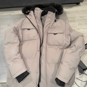 Moose Knuckles Beige Puffer Jacket with Fur Hood